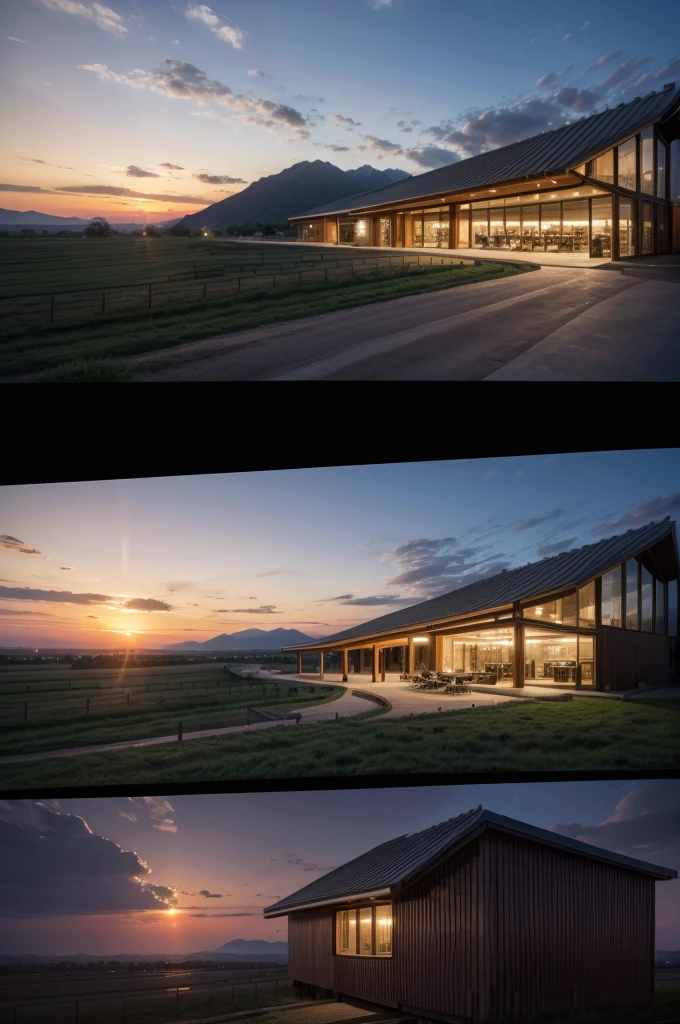 Restaurant with landscape to the horizon, landscape with twilight and sunset on the farm in high quality, with details and high resolution, Zaha Hadid style restaurant with wood and metal texture in high resolution, 8k UHD