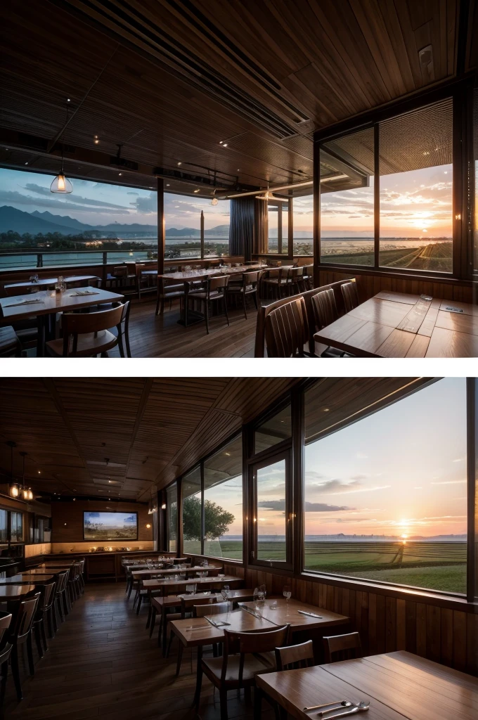 Restaurant with landscape to the horizon, landscape with twilight and sunset on the farm in high quality, with details and high resolution, Zaha Hadid style restaurant with wood and metal texture in high resolution, 8k UHD