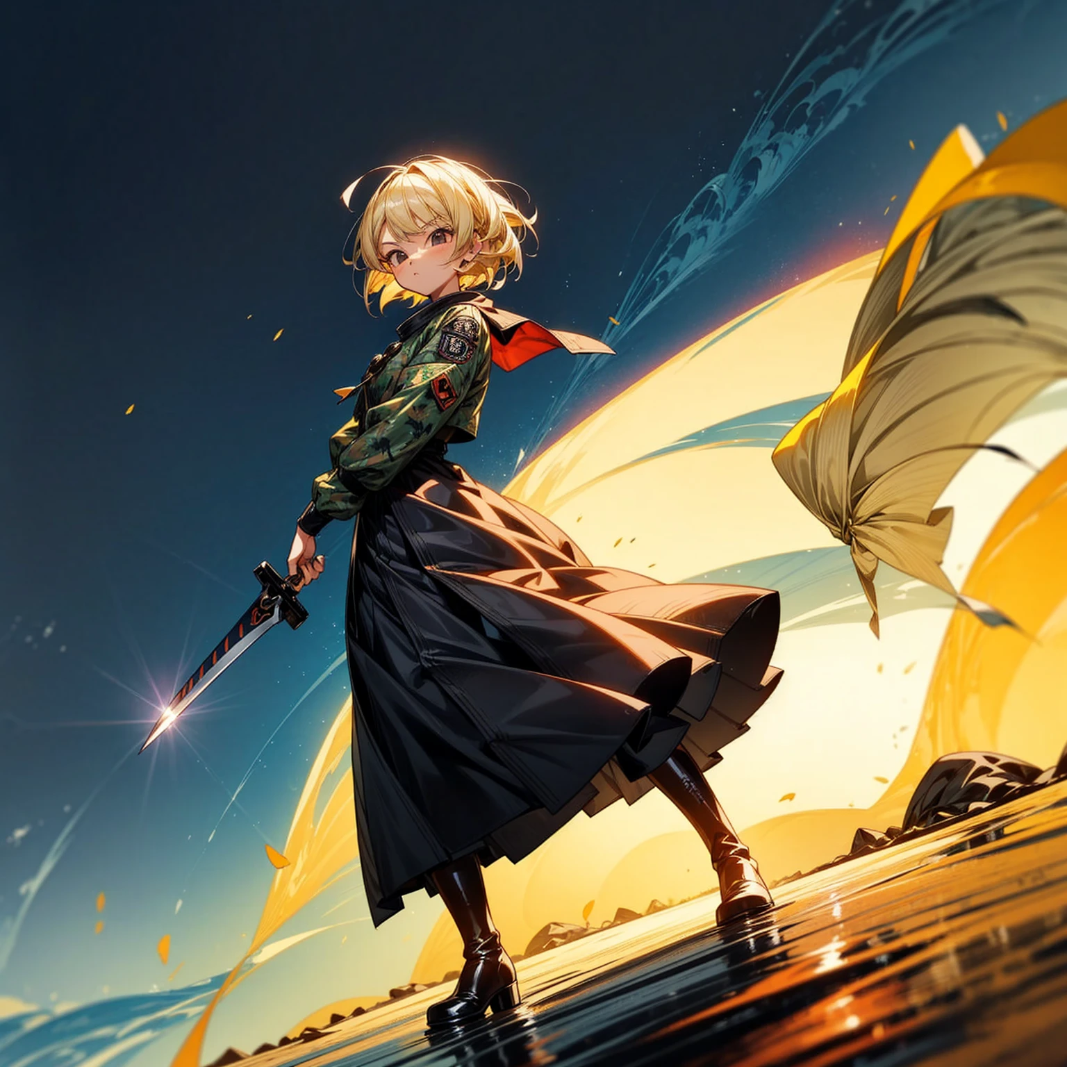 1girl, Full body version, 1character, girl version, black eyes color, bob Curly haircut, blonde colour hair, army style clothing, long skirt, long boots, knife in hand, Grassroots, background in beach, motion blur, (dragon ball style art), standing gesture, (high angle view)