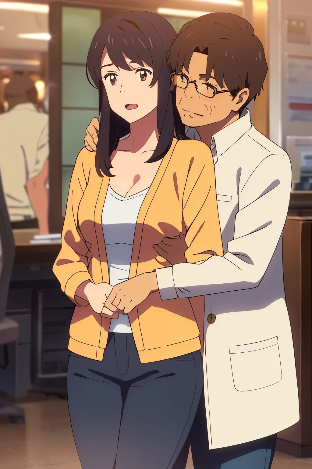 shinkai makoto, kimi no na wa., middle aged man, bangs swipe to the right, office suite, wrinkles, mustache, middle aged man touching girl breast,breastgrope from behind, passionate hug, middle aged man is hugging from behind, 1girl, bangs, black hair, brown eyes, open mouth, Twisted Half Up, red ribbon, long hair, long sleeve light yellow cardigan, open shirt, yellow shirt, cleavage, breast, medium breast, Orange shirt, orange jeans, indoors, mall, masterpiece, perfect anatomy, cowboyshot,