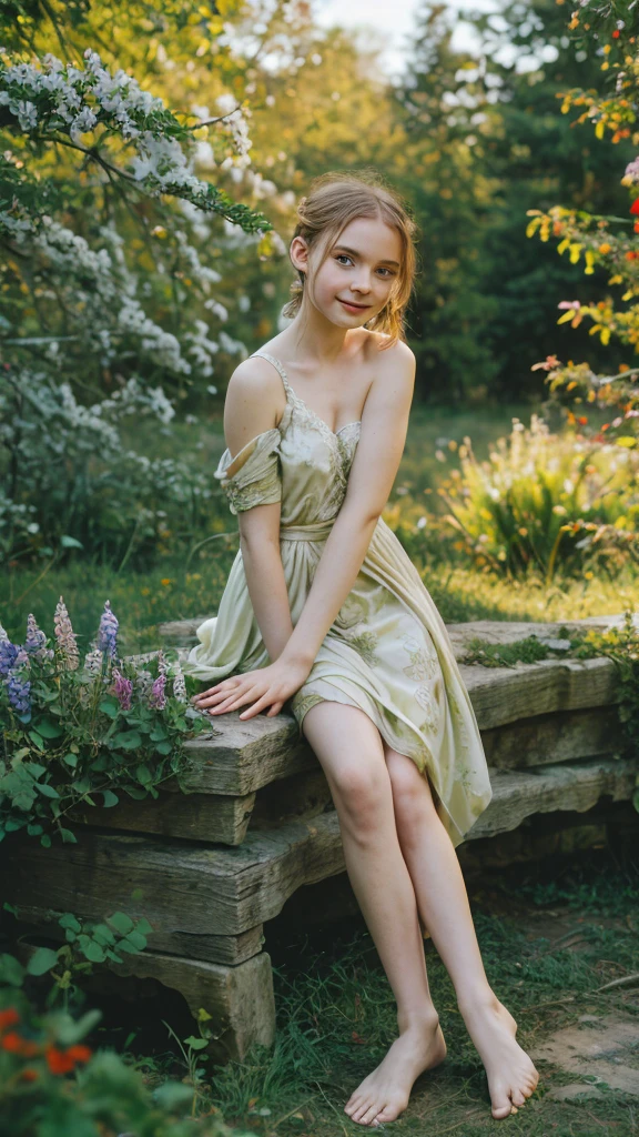absurdres, 35mm vintage photo, masterpiece, professional macro photography, professional macro photography, medieval noble blonde very young Russian -girl staring at the horizon from the battlement of a castle. [Maya Hawke:0.5|:Saoirse Ronan:0.4], barefoot, sequoia grove. the environment must be a valley with autumn woods and a river, very big green shiny eyes, cascadian waterfalls, autumn colours, leaves, mist, slanting sunlight, fog, very happy woman, medieval, soft bounced lighting, amazing depth of field, ((the image must contain: wood marble, pearl lupines, cypress poppy, giant sandcastle porcelain)), shot from a low angle, shot on Lumix GH5 (cinematic bokeh, dynamic range, vibrant colors), blurry foreground, bokeh, depth of field, sunset, motion blur:1.3), An enigmatic door awaits at the end of a winding path, adorned with overgrown vines and emanating an otherworldly glow. ethereal glow. (glow:1.2), stone road, blurry, fantasy, epic, A majestic castle floating in the clouds, surrounded by vibrant rainbows.

