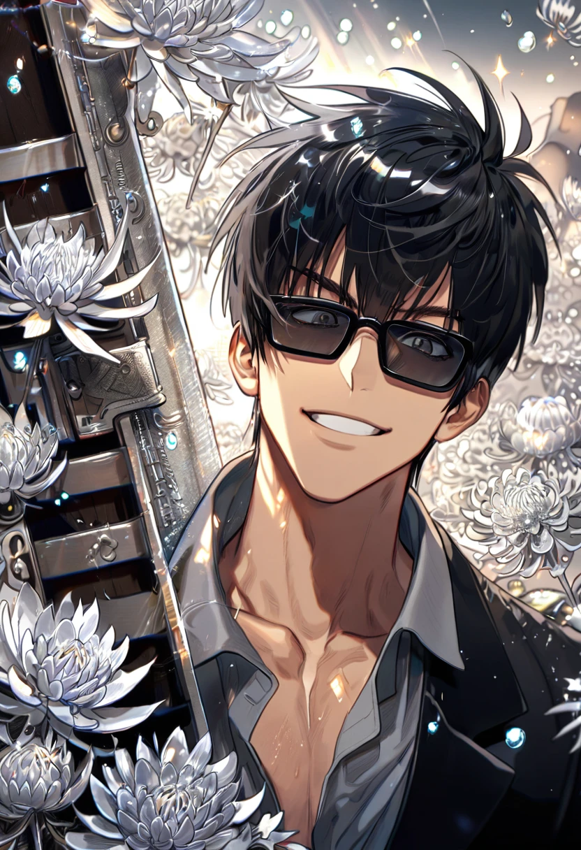 absurdres, highres, ultra detailed, HDR, master piece, best quality, extremely detailed, Nicholas D Wolfwood, black hair, black sunglasses, expressive gray eyes, Trigun, solo, sexy man, handsome, smile, black jacket, gray shirt, fantasy, water, sparkling, silver glittering fireflies, silver moon, silver blossoms, silver chrysanthemums, silver sparkling lights, starry sky, magical