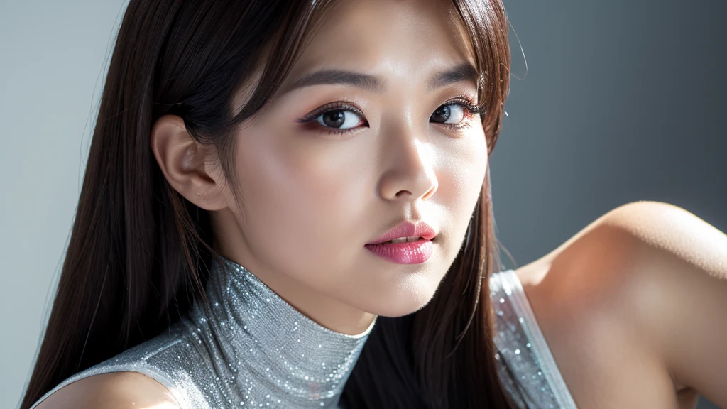 (Detailed face),(vivid),(Silver)Turtleneck sleeveless lightweight dress,4K,Ultra-high resolution,(Photorealistic:1.7),Black long hair,White Background,