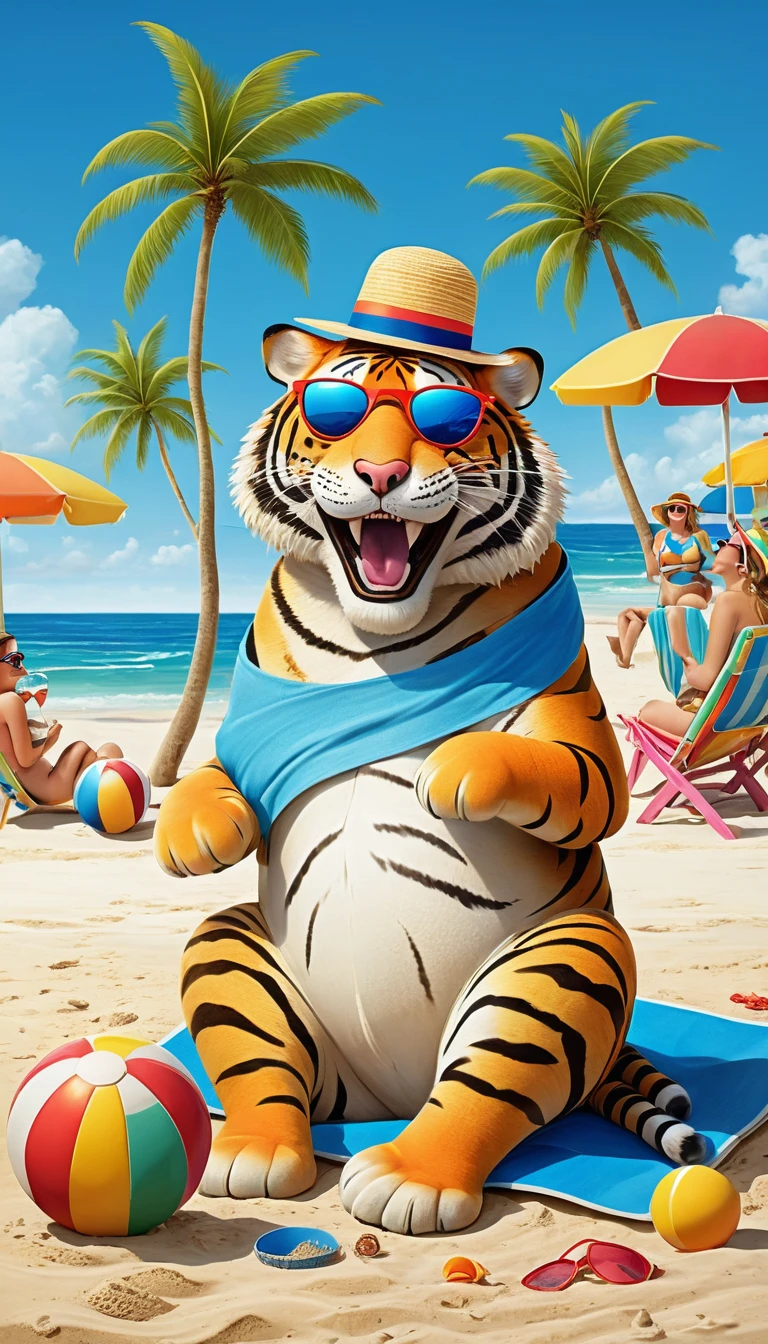 A whimsical scene featuring a chubby tiger with a big, hearty laugh, sitting comfortably on a sandy beach. The tiger is wearing oversized sunglasses and a colorful beach hat, adding to its comical appearance. Around the tiger, a group of humans are engaging in typical beach activities like building sandcastles, playing volleyball, and sunbathing. The tiger is clearly amused, its laughter directed towards the amusing antics of the beachgoers. The background includes a bright blue sky, gentle waves, and palm trees, creating a lighthearted and fun atmosphere
