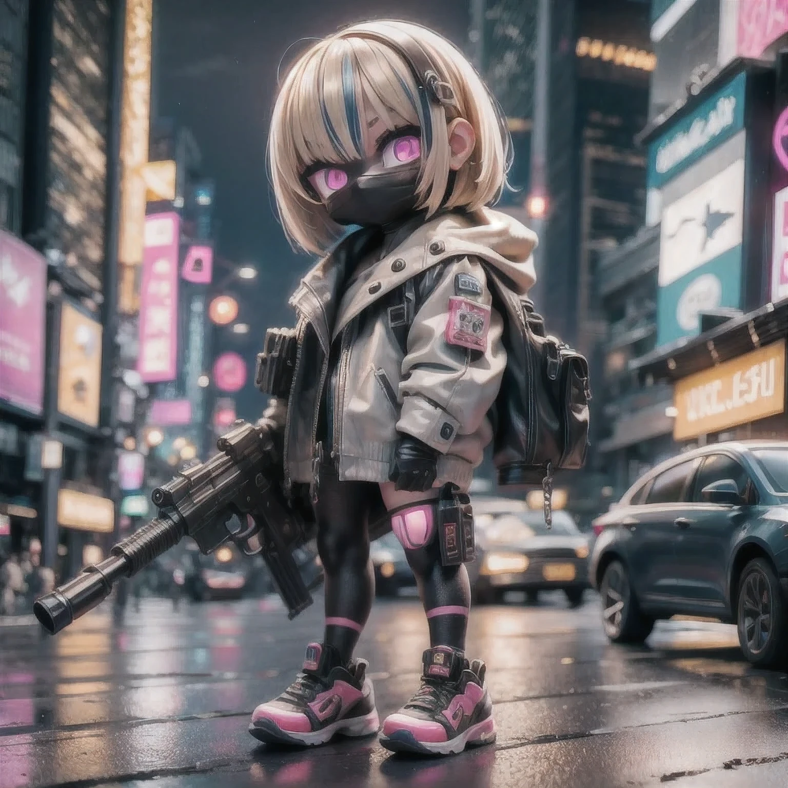 fish 1girl bangs blonde hair building car city city lights cityscape convenience store crosswalk cyberpunk english text eyebrows visible through hair gloves glowstick ground vehicle gun headgear holding holding weapon hologram jacket looking at viewer mask motor vehicle mouth mask multicolored hair neon lights night outdoors pink eyes rain road science fiction shield shoes short hair sign skyscraper sneakers solo spray can standing street traffic light weapon