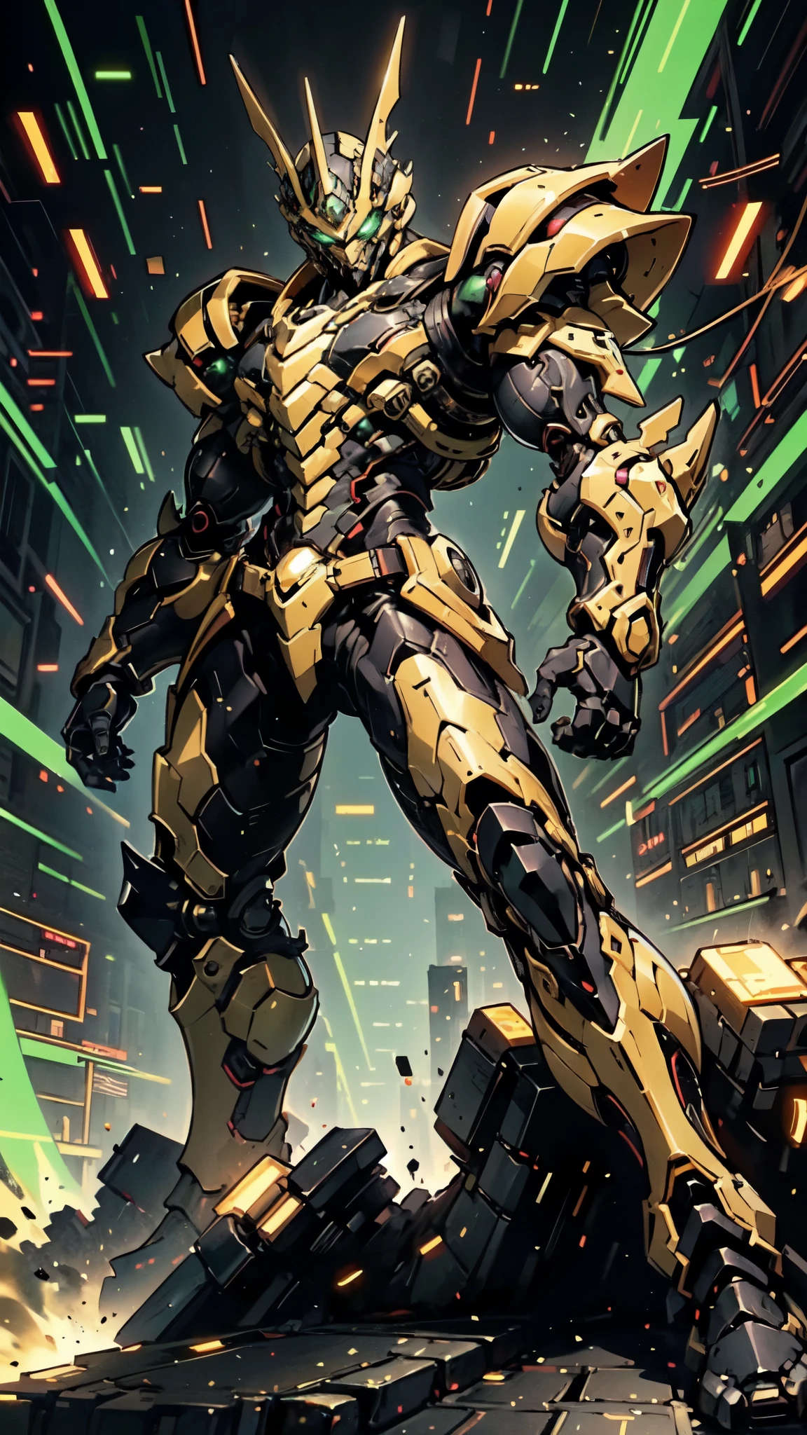 (masterpiece:1.5, best quality:1.5, extremely delicate:1.5, foreshortening:1.5, dynamic angle:1.5), a man wearing a full-face helmet, a fantasy-style biotech armored combat suit, green eyes, (a composite layered chest armor), fully enclosed shoulder guards, matching arm and leg guards, the belt is adorned with neon circuitry, (the color scheme is primarily black glow with green and red accents), the design balances heavy with agility, a high-tech bio-mecha armor, (Armor Concept Inspired by neon Cyberpunk, stand on the top of a skyscraper in a futuristic sci-fi city), this character embodies a finely crafted fantasy-surreal style armored hero in anime style, exquisite and mature manga art style, (element, plasma, energy, the armor glows), ((male:1.5)), metallic, high definition, highres, ultra-detailed, ultra-fine painting, professional, perfect body proportions, golden ratio, anatomically correct, symmetrical face, extremely detailed eyes and face, high quality eyes, creativity, RAW photo, UHD, 32k, Natural light, cinematic lighting, masterpiece-anatomy-perfect