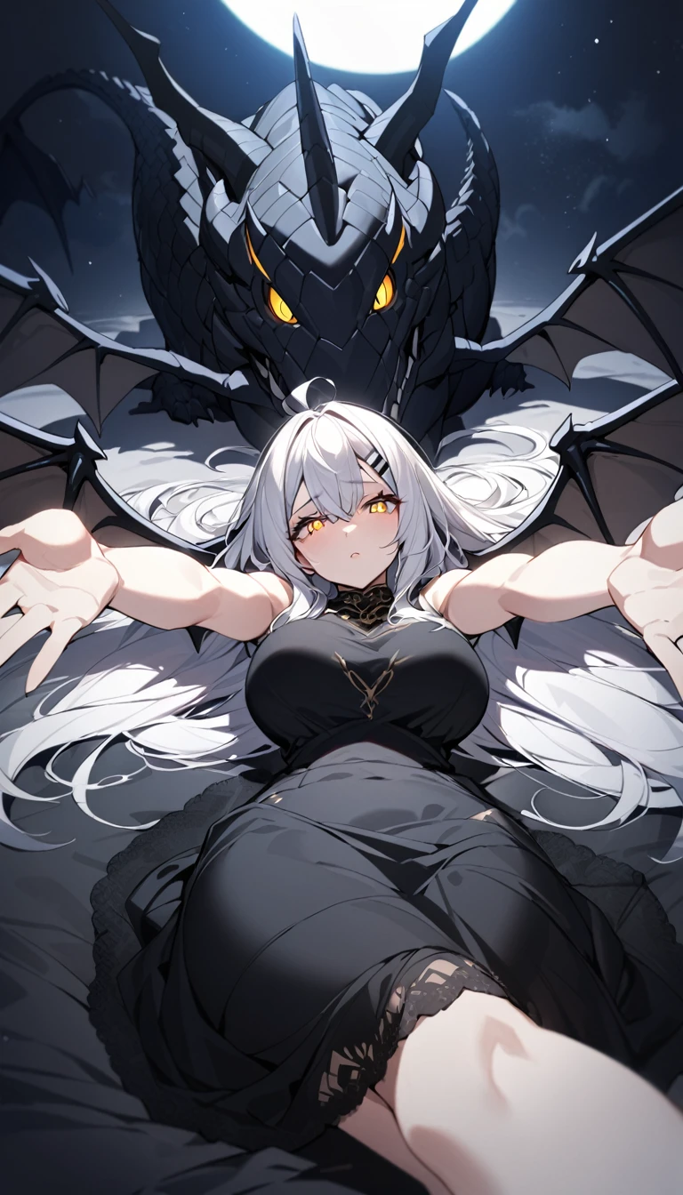 A woman, flowing white hair, melancholy eyes, yellow pupils, black diamond-shaped hairpin, tattered black dragon wings sprouting from her back, moonlight, arms up, incoming hug, pov, reaching, reaching towards viewer, looking at viewer, cowboy shot, dutch angle, lying down, a big fluffy and soft black silk bed, Huge silk black duvet, big tits,