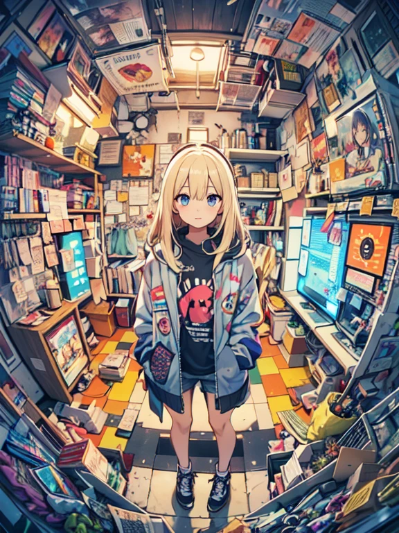 High-definition digital art featuring a rich, vibrant color palette and detailed depiction of a room filled with various items and decorations BREAK A fish-eye lens perspective centered on the character, providing a wide-angle view of the room and its contents BREAK A youthful character with blonde hair and blue eyes, wearing a casual jacket with a graphic design, standing confidently with hands in pockets BREAK An eclectic, densely packed bedroom filled with tech gadgets, posters, and colorful lights, giving off a cozy yet dynamic gamer's paradise vibe.