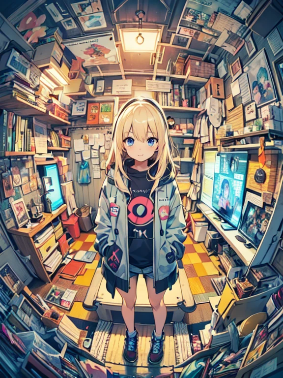 High-definition digital art featuring a rich, vibrant color palette and detailed depiction of a room filled with various items and decorations BREAK A fish-eye lens perspective centered on the character, providing a wide-angle view of the room and its contents BREAK A youthful character with blonde hair and blue eyes, wearing a casual jacket with a graphic design, standing confidently with hands in pockets BREAK An eclectic, densely packed bedroom filled with tech gadgets, posters, and colorful lights, giving off a cozy yet dynamic gamer's paradise vibe.