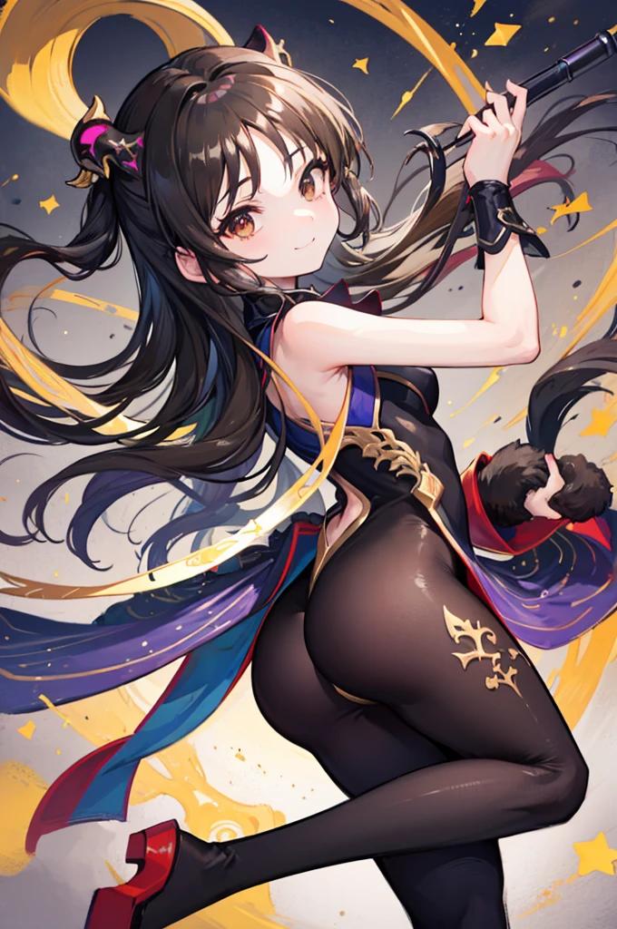 Highest quality Highest quality Draw a face carefully High-definition anime-style face Super Glowing Skin Long black hair Brown leotard Golden pantyhose Succubus lure smile Back view Rear view Ass close up