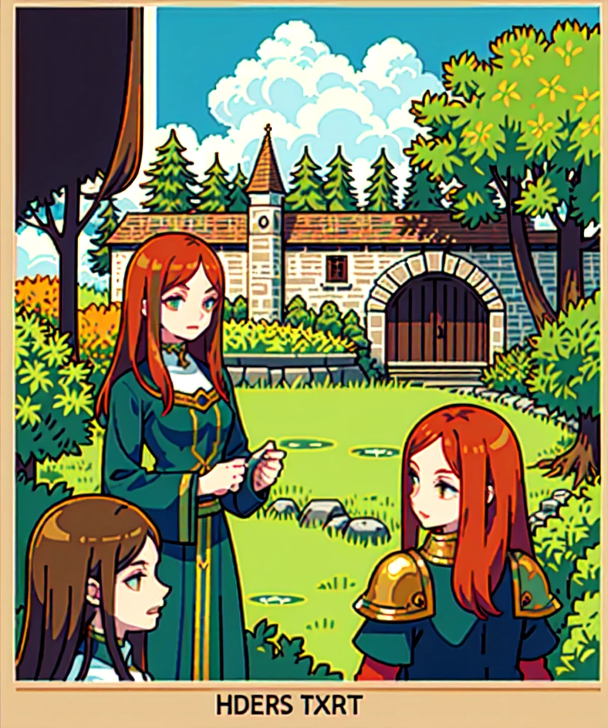 A light brown man and a red-haired woman dressed in medieval clothes posing for a painting, like a medieval fantasy character, in a garden