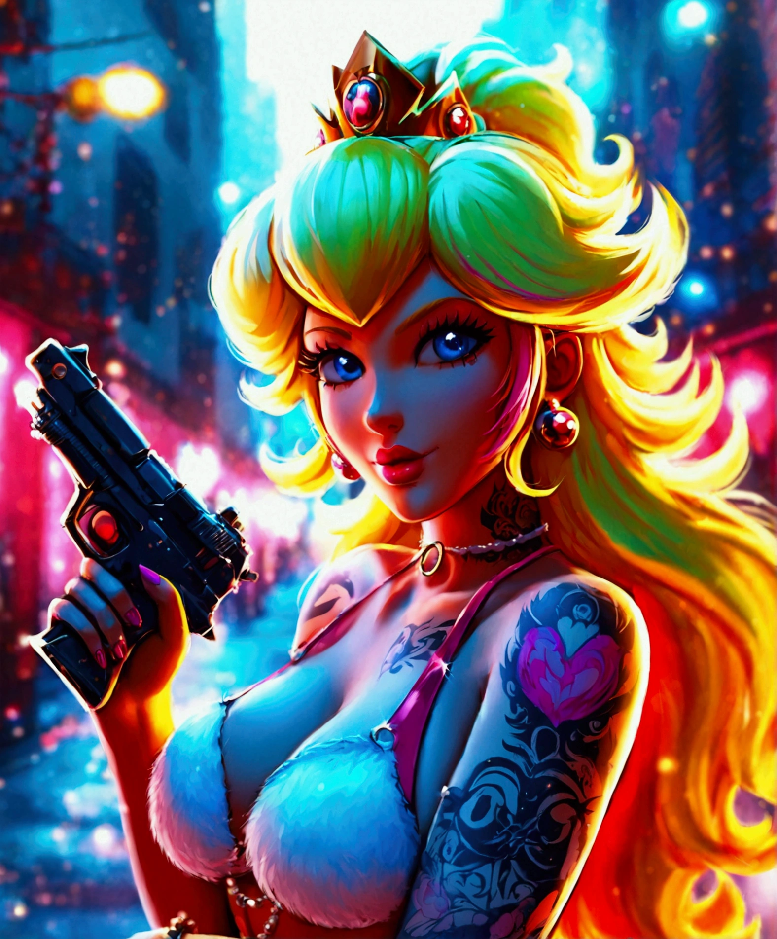 Imagine Princess Peach as a reveled female bounty hunter, with tattoos and pink highlights, in a crime neighborhood in a city and a cyber-punk era.