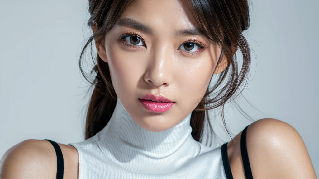 (Detailed face),(vivid),(Silver)Turtleneck sleeveless lightweight dress,4K,Ultra-high resolution,(Photorealistic:1.7),Black long hair,White Background,