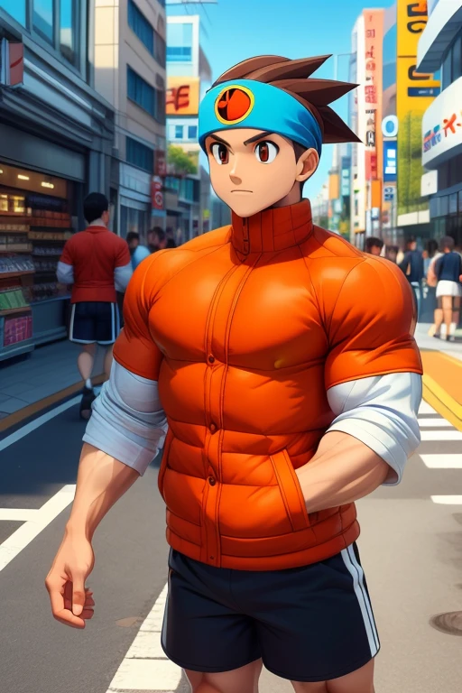 ​masterpiece, beautiful hands, best quality, 1 boy, alone, Hikari, Brown hair, brown eyes, blue headscarf, Street, Akihabara background, short pants, (black short pants:1.5), White shirt, orange jacket, muscular legs , muscular arms, Muscular upper body, muscular abdominal muscles , muscular shoulders, muscular body