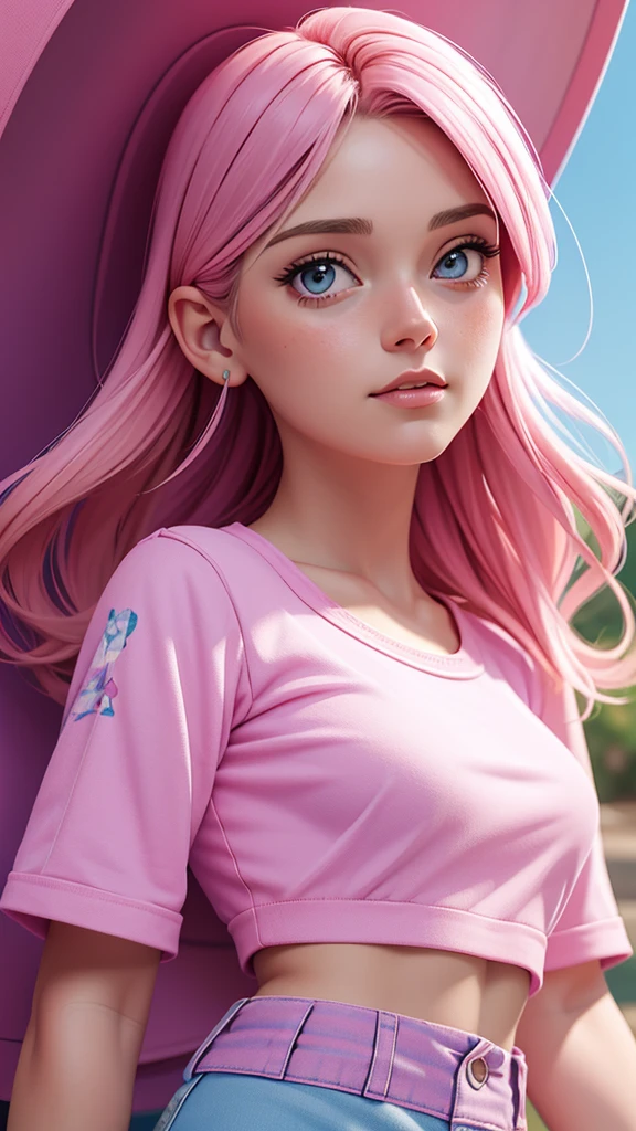 a closeup of a woman wearing a pink shirt and blue shorts, una pintura digital digital art, realistic painting cute woman, pink girl, beautiful digital painting, digital art . 4k, beautiful digital painting, Bright digital painting, beautiful character painting