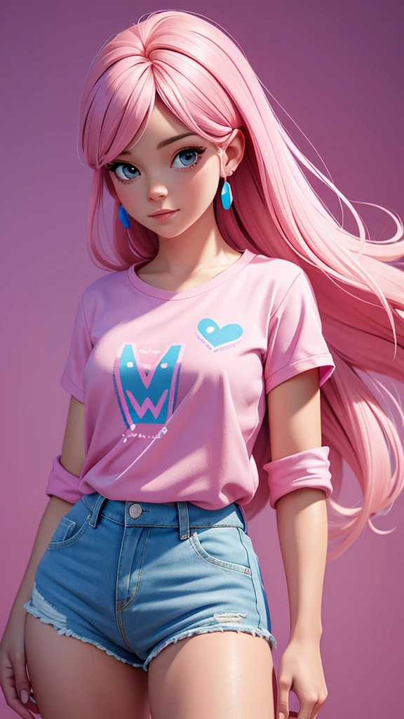 a closeup of a woman wearing a pink shirt and blue shorts, una pintura digital digital art, realistic painting cute woman, pink girl, beautiful digital painting, digital art . 4k, beautiful digital painting, Bright digital painting, beautiful character painting