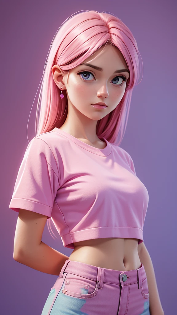 a closeup of a woman wearing a pink shirt and blue shorts, una pintura digital digital art, realistic painting cute woman, pink girl, beautiful digital painting, digital art . 4k, beautiful digital painting, Bright digital painting, beautiful character painting