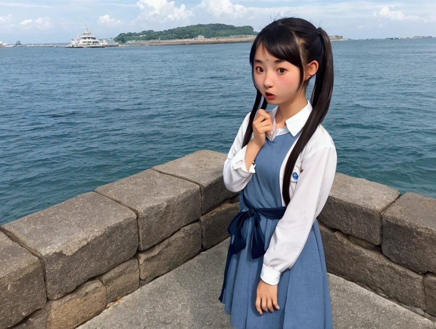 Cute 16-year-old Japanese girl, scared and surprised, sea in the background.