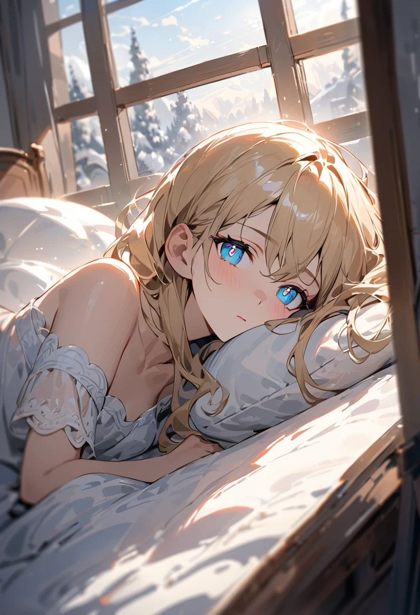 European style room, sunlight coming in through the window, girl lying on the side of the bed, looks 16 or 17 years old, long blonde hair, wearing a white saree, slender body lying on the side of the bed, cold expression, blue pupils, just woke up from a nap, pale, beautiful picture, masterpiece, cinematographic light, masterful, impasto