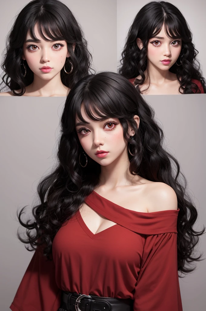 Make a white girl, with black curly hair and red eyes.