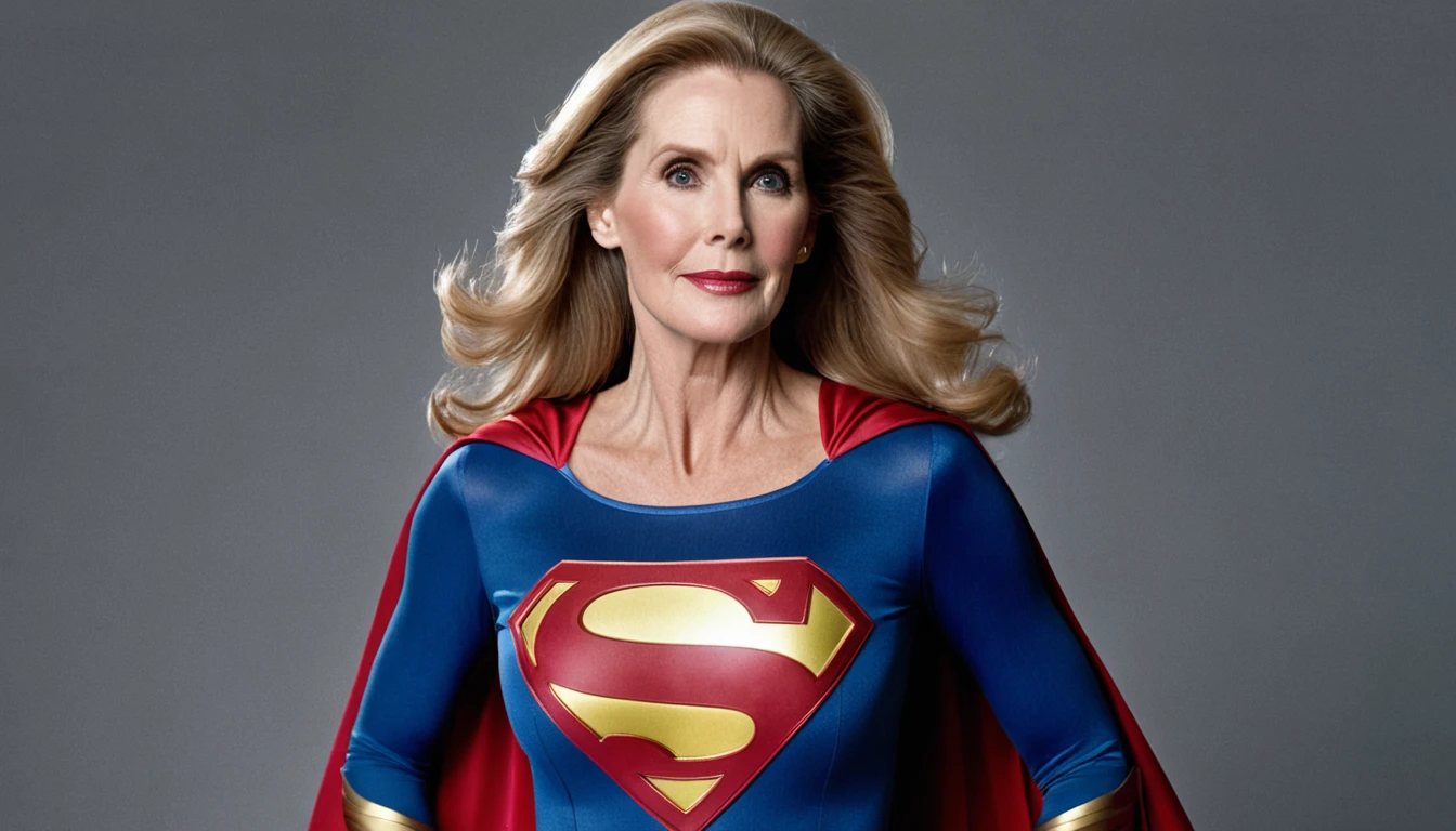 strong Superold woman Julie Hagerty Supergirl 1984s movie costume; big and strong . HD. Photograph, ((realism)), extremely high quality RAW photograph, ultra detailed photograph, sharp focus, high resolution, (detailed skin:1,3),high quality, film grain, Fujifilm XT3,Highly Detailed, movie, (Cinematic Photo:1.3) of (Realistic:1.3)