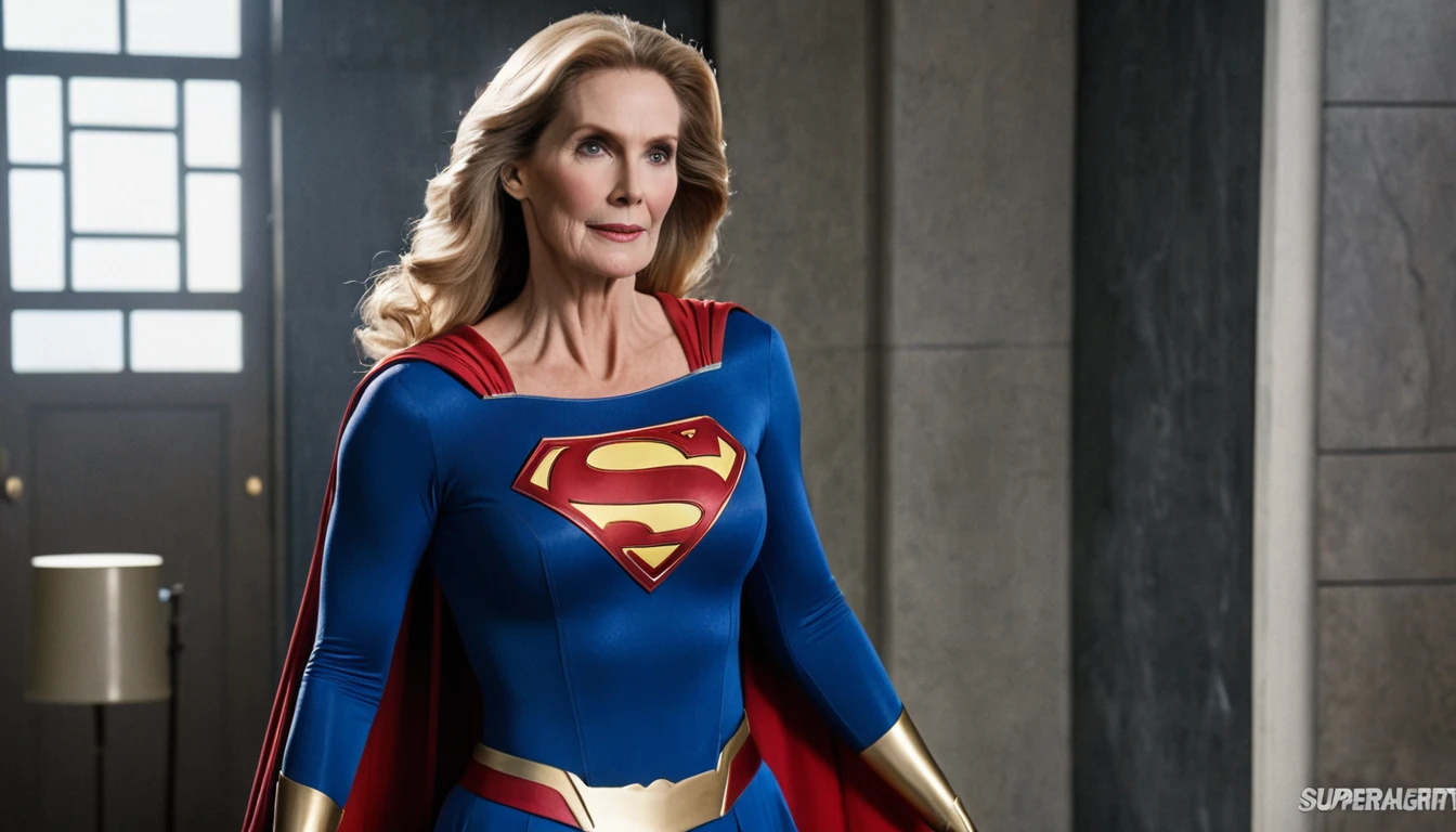 strong Superold woman Julie Hagerty Supergirl 1984s movie costume; big and strong breasts. HD. Photograph, ((realism)), extremely high quality RAW photograph, ultra detailed photograph, sharp focus, high resolution, (detailed skin:1,3),high quality, film grain, Fujifilm XT3,Highly Detailed, movie, (Cinematic Photo:1.3) of (Realistic:1.3)