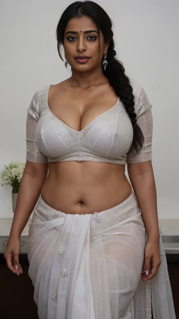 extreme close up photo of sexy mahie gill, front view, curvy, white see through saree, in kitchen, French braid hair Indian women very large gigantic breasts,)) wearing saree. She is wearing Indian designer purple saree blouse, her huge large gigantic beautiful breasts Coming out of her Her she is showcasing her deep huge cleavage of huge saggy breasts lying in bed