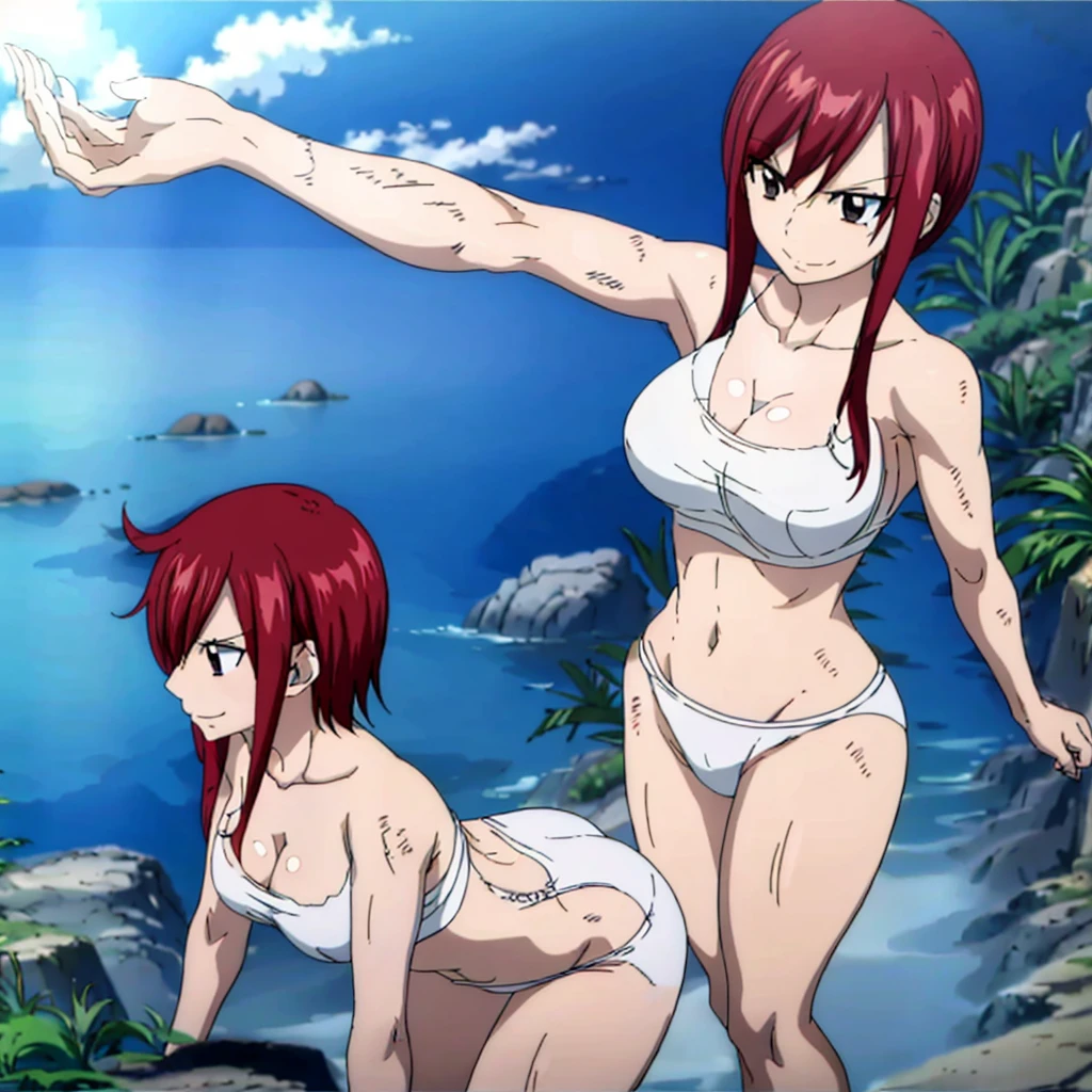 masterpiece, anime style, beach, best quality, highres, fairy tail, 2 girls, big breasts, collarbone, midriff, sarashi wrap, standing, insane smile,mature woman, tall, short hair, pail skin, full body view, perfect body shape hour glass