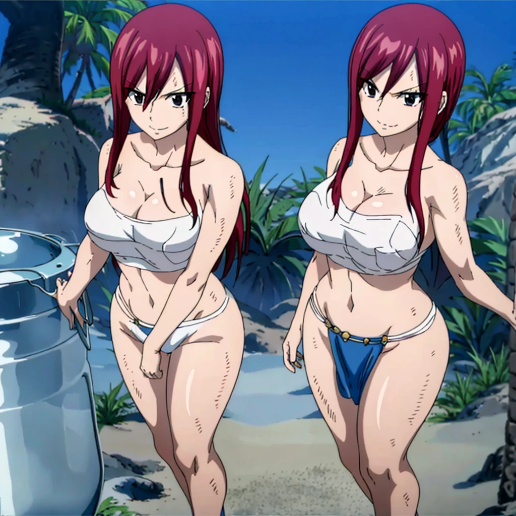masterpiece, anime style, beach, best quality, highres, fairy tail, 2 girls, big breasts, collarbone, midriff, sarashi wrap, standing, insane smile,mature woman, tall, short hair, pail skin, full body view, perfect body shape hour glass