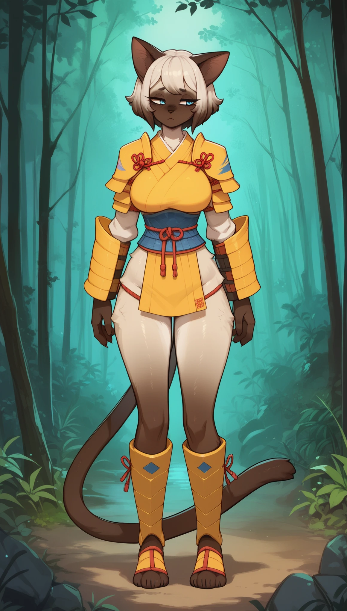 Half-closed eyes, tired expression, 1girl, anthro, furry, fur, fluffy fur, siamese cat, cat girl, japanese forest background, white hair (brown highlights), blue eyes, short hair, full body, (19 years), big breast, thicc thighs, solo, (japanese forest), half-closed eyes, detailed, shy, night, (yellow samurai armor), score_9, score_8_up, score_7_up, score_6_up, score_5_up, score_4_up