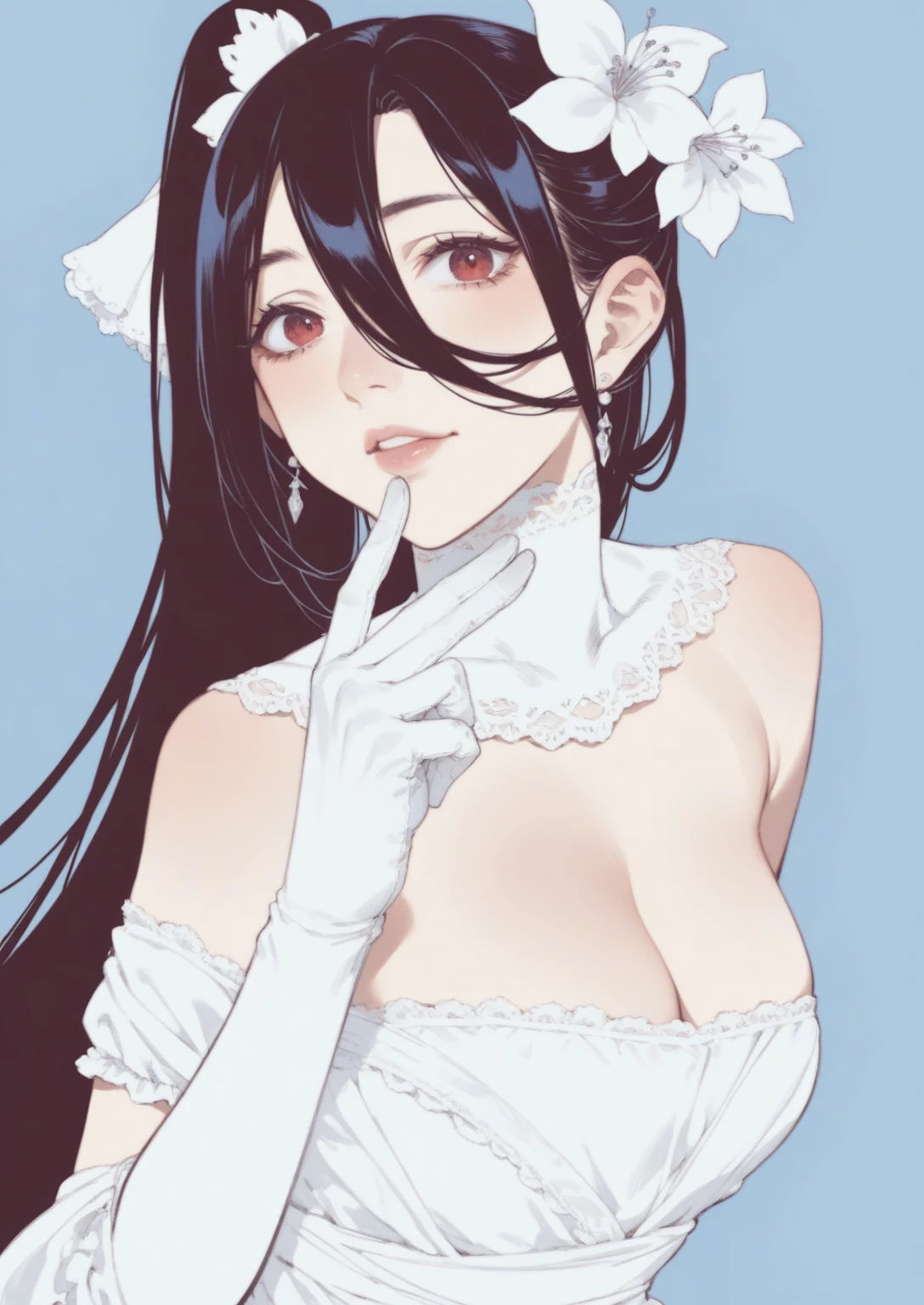 anime girl with long hair and white dress posing for a picture, marin kitagawa fanart, illustrious makinami, colored lineart, erza scarlet as a real person, made with anime painter studio, twintails white_gloves, digital anime art!!, highly detailed exquisite fanart, high quality colored sketch, coloured lineart, colored sketch, shalltear from overlord