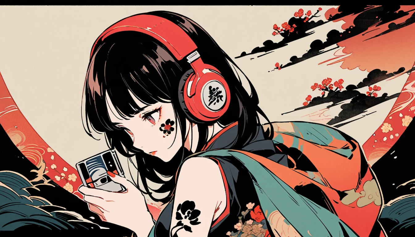 Facing forward, Ink Painting, 1 girl, Tattoo on face, sunglasses, Japanese style headphones, beautiful girl, Black Hair, Holding a small cassette tape in both hands, Delicate and precise, Modern ukiyo-e style, Multicolored background