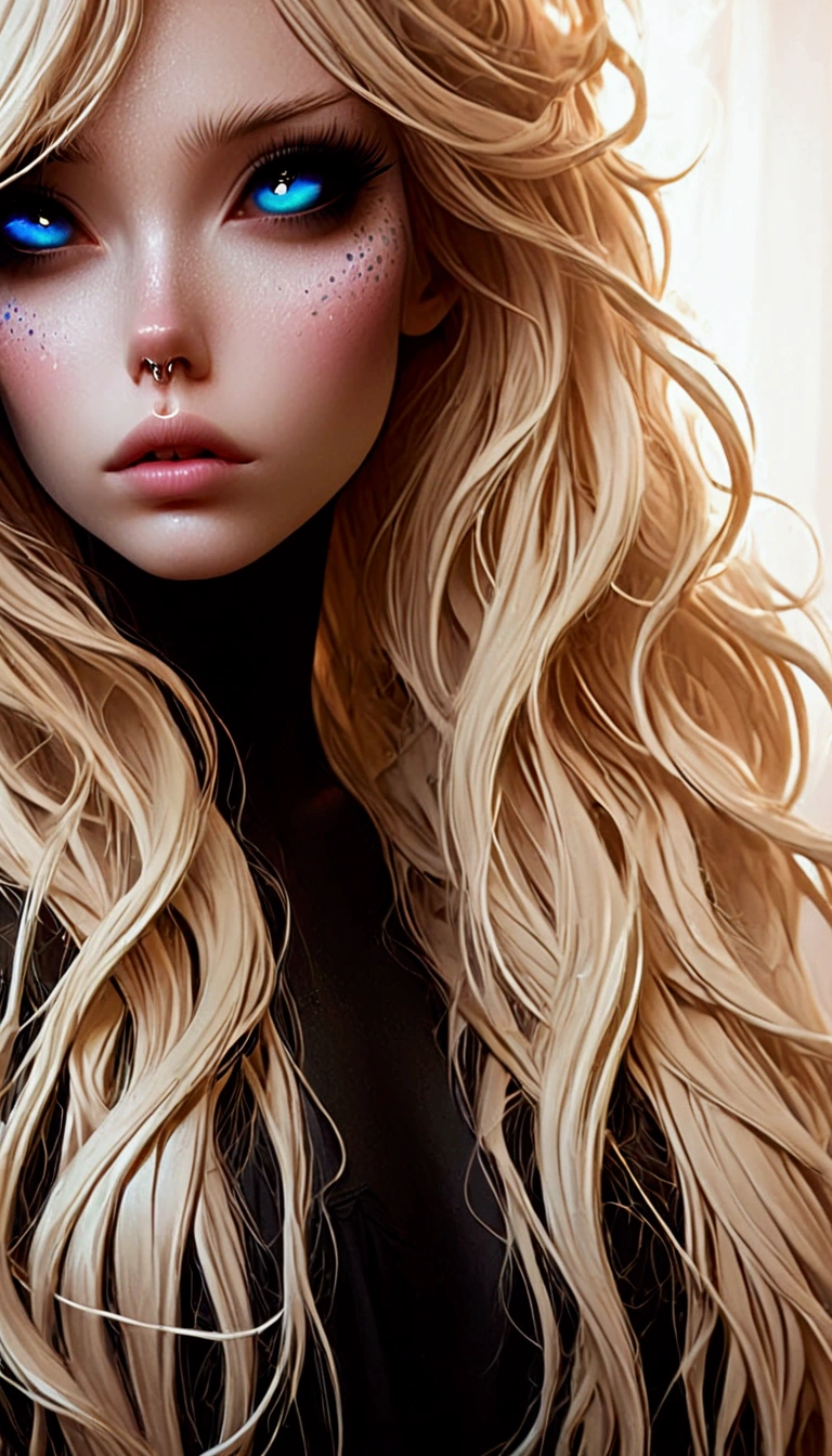 a close up of a woman with long hair and a colorful face, artwork in the style of guweiz, hair made of shimmering ghosts, guweiz, ilya kuvshinov with long hair, guweiz masterpiece, messy blond hair, with long blond hair, glowing flowing hair, a girl with blonde hair, long glowing ethereal hair