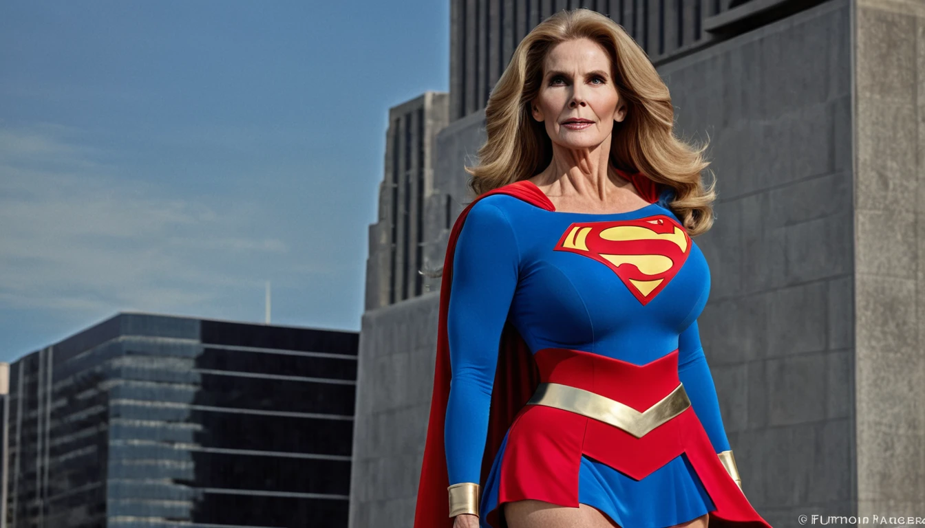 strong/powers sexy Superold woman Julie Hagerty Supergirl 1984s DC comics costume; big and strong breasts. HD. Photograph, ((realism)), extremely high quality RAW photograph, ultra detailed photograph, sharp focus, high resolution, (detailed skin:1,3),high quality, film grain, Fujifilm XT3,Highly Detailed, movie, (Cinematic Photo:1.3) of (Realistic:1.3)