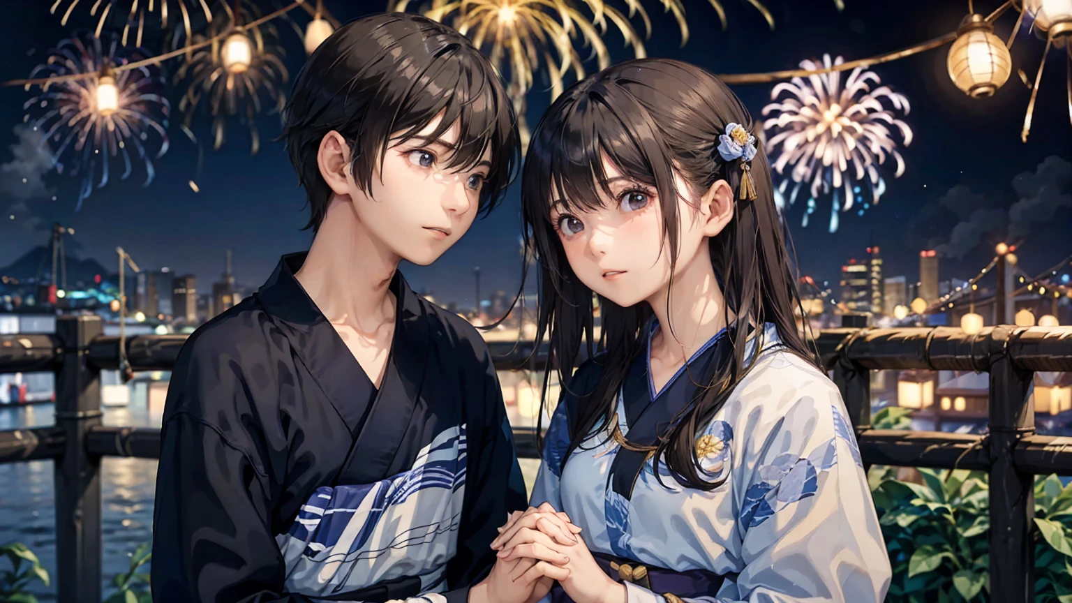 male２５Year-old Jinbei、female１７Year-old yukata、night、Many fireworks across the sky、Gazing at each other、Intertwine hands、Upper Body、