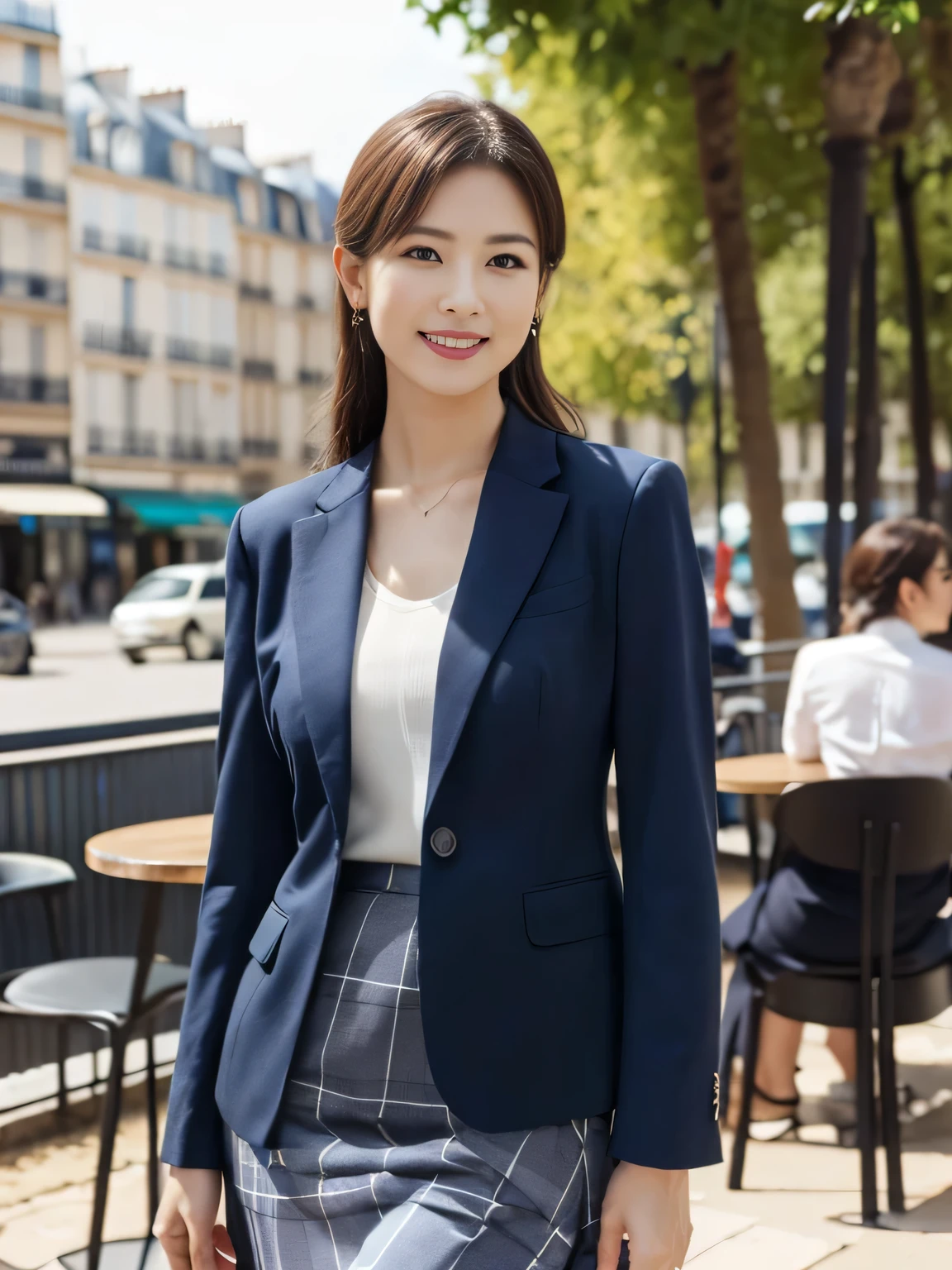 ((table top:1.4, highest quality)), (realistic pictures:1.4),
((1 girl)),
(超High resolution:1.2), very delicate and beautiful, wonderful,
Highly detailed CG Unity 8k wallpaper, Super detailed, High resolution, soft light,
beautiful detailed girl, highly detailed eyes and face, beautifully detailed nose, beautiful and detailed eyes,
(navy blue business suit, skirt:1.4),
cinematic lighting, perfect anatomy, slender body, thin chest,
(Stand in front of a fashionable café in Paris:1.3), (daytime:1.4), (outdoors:1.3),
cowboy shot, looking at the viewer, smile, Random body orientation,