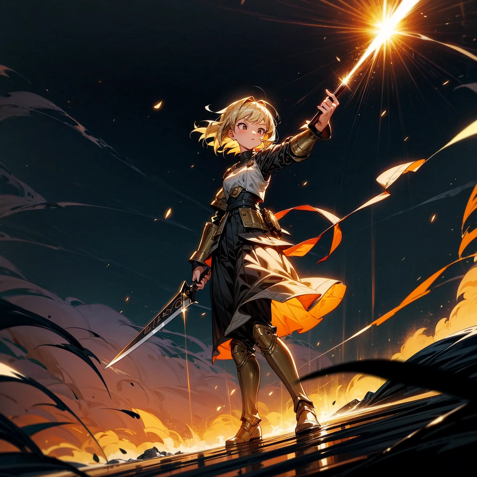 1girl, Full body version, 1character, girl version, black eyes color, bob Curly haircut, blonde colour hair, army style clothing, long skirt, long boots, iron armor, gold knife in hand, Grassroots, background in beach, motion blur, (dragon ball style art), standing gesture, (high angle view) , aura effect, lighting aura, smoke effect, lighting sun, sun, plasma effect, smoke effect, fire, lighting knife