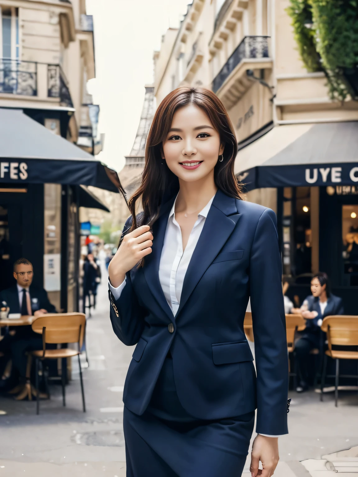 ((table top:1.4, highest quality)), (realistic pictures:1.4),
((1 girl)),
(超High resolution:1.2), very delicate and beautiful, wonderful,
Highly detailed CG Unity 8k wallpaper, Super detailed, High resolution, soft light,
beautiful detailed girl, highly detailed eyes and face, beautifully detailed nose, beautiful and detailed eyes,
(navy blue business suit, skirt:1.4),
cinematic lighting, perfect anatomy, slender body, thin chest,
(Stand in front of a fashionable café in Paris:1.3), (daytime:1.4), (outdoors:1.3),
cowboy shot, looking at the viewer, smile, Random body orientation,