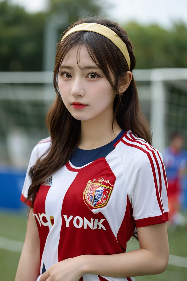 1 beautiful girl , masterpiece, high quality, best quality, extremely detailed,(((wearing black and blue stripe soccer wear))),hairband ,((Ample Breasts)),  Diminutive Height