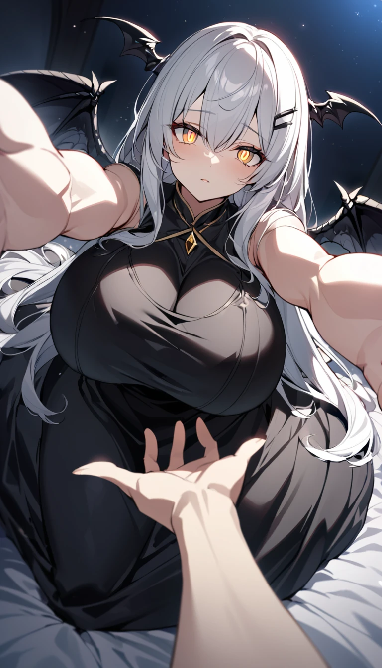 A woman, flowing white hair, melancholy eyes, yellow pupils, black diamond-shaped hairpin, tattered black dragon wings sprouting from her back, moonlight, arms up, incoming hug, pov, reaching, reaching towards viewer, looking at viewer, cowboy shot, dutch angle, lying down, a big fluffy and soft black silk bed, Huge silk black duvet, big tits,