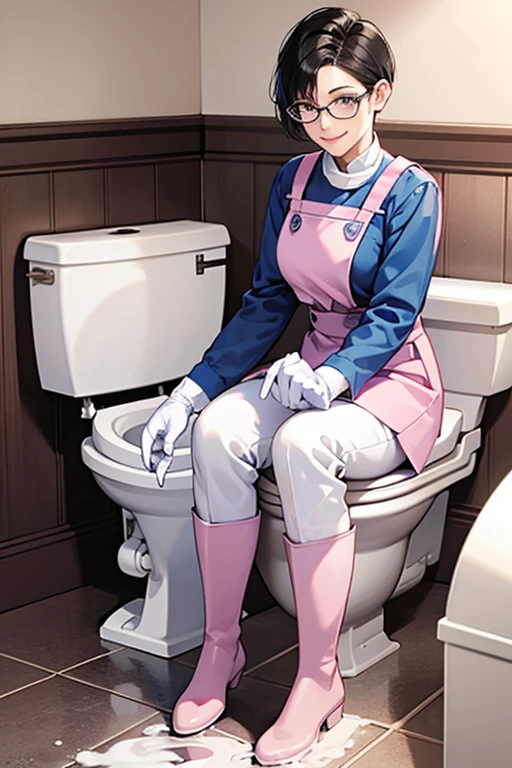 A mature woman with short black hair, shaved hair, glasses and blue long sleeves, wearing large pink gloves and white rubber boots, cleaning the toilet with a gentle smile