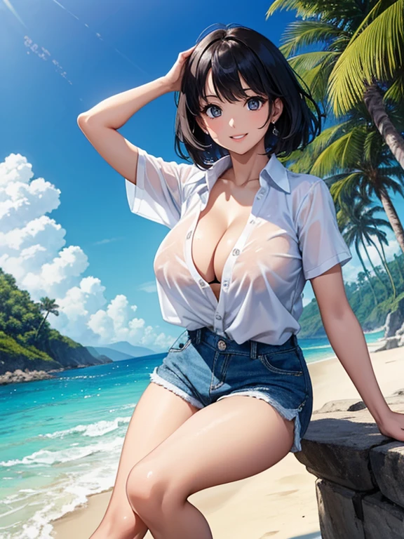 (Highest quality、masterpiece、High resolution、8K)、Vibrant colors、Young and beautiful woman 1、whole body、Brown and black short bob、barefoot、(Detailed face、Beautiful Eyes、Beautiful nose、Pretty lips)、Ample beautiful breasts、Beautiful cleavage、White shirt and shorts、Running on the beach、A refreshing smile、Official Art、The background is the sea、blue sky、Large white waves and wide sandy beach、Wide forest、White Entrance Cloud、(Depth of written boundary:1.3)、
