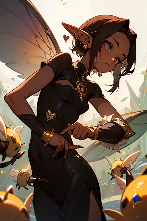 elf dark skin short brown hair medium complexion dressed in a retro and dark dress with piercings in her ears and a heart crystal in her hands with bees around it