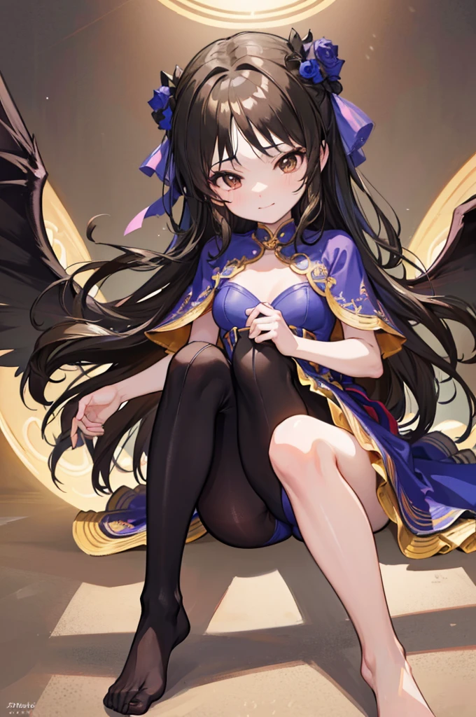 Highest quality Highest quality Draw a face carefully High-definition anime-style face Super Glowing Skin Long black hair Brown leotard Golden pantyhose Succubus lure smile sit Show the soles of your feet Close up of the soles of the feet