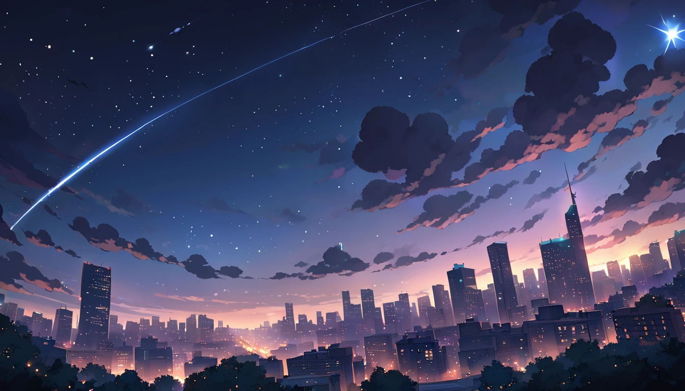 ghibli style, Hayao Miyazaki, A quiet and sparkling night view of New York. A wonderful night view seen from afar with the night sky visible at the same time.
