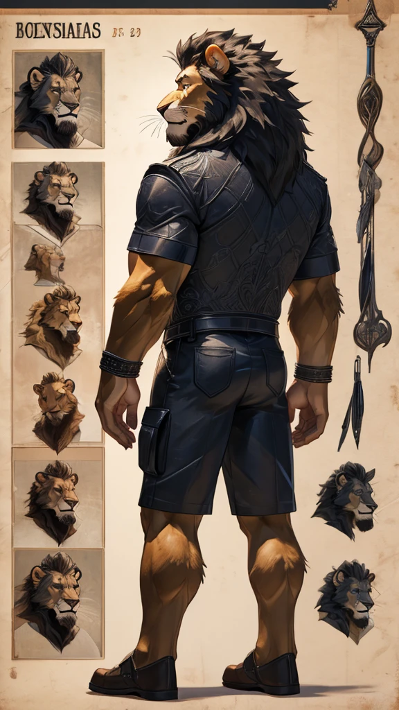 Male Furry, 23 years old, male, furry, fluffy, anthropomorphic, grey-white, lions, short mane, reference sheet, full body, detailed features, bushy tail, sharp teeth, realistic fur texture, Medium: Digital Illustration, Front view and back view, high resolution, professional quality, intricate patterns on the skin, Russian but charismatic personality, attention to anatomy, designed facial structure, on a muscular, black shorts, Tall, masculine, bulge