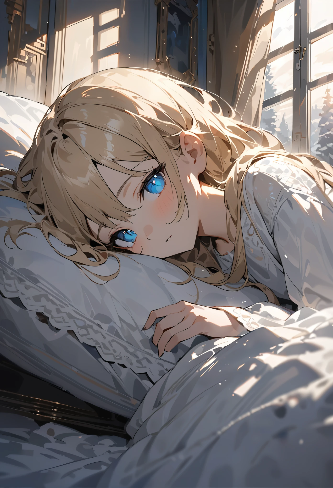 European style room, sunlight coming in through the window, girl lying on the side of the bed, looks 16 or , long blonde hair, wearing a white saree, slender body lying on the side of the bed, cold expression, blue pupils, just woke up from a nap, pale, beautiful picture, masterpiece, cinematographic light, masterful, impasto