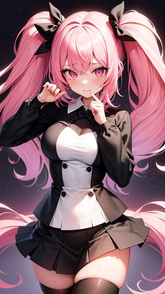 (Highest quality,Super detailed,girl),Black tights,Pink Hair,Height: 160cm,cute,Pink Eyes,Twin tails,Big Breasts,Her eyes are white and shining,Look at me from up close,Has bright white eyes,Has an embarrassed look on his face,I&#39;m wearing a swimsuit,