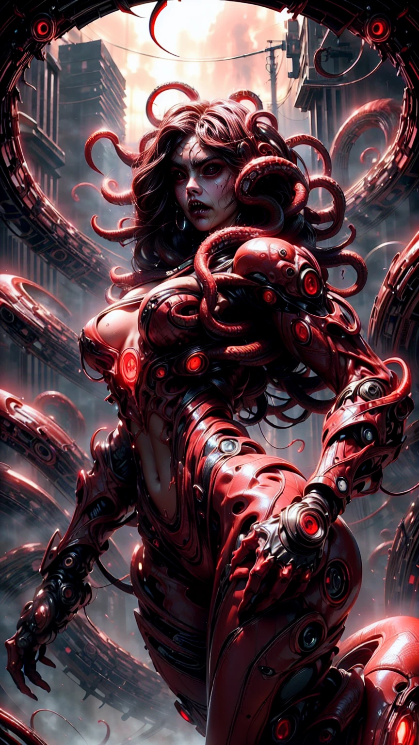 (beautiful girl:1.25), (megan fox:1.25), (young bodybuilder girl wearing cybernetic muscle suit:1.25), (medusa head with tentacles:1.25), carnage muscular physique, seductive face, mouth wide open carnage style, long red hair, perfect muscular body, super skinny legs, sissy, femboy, (carnage style physique)