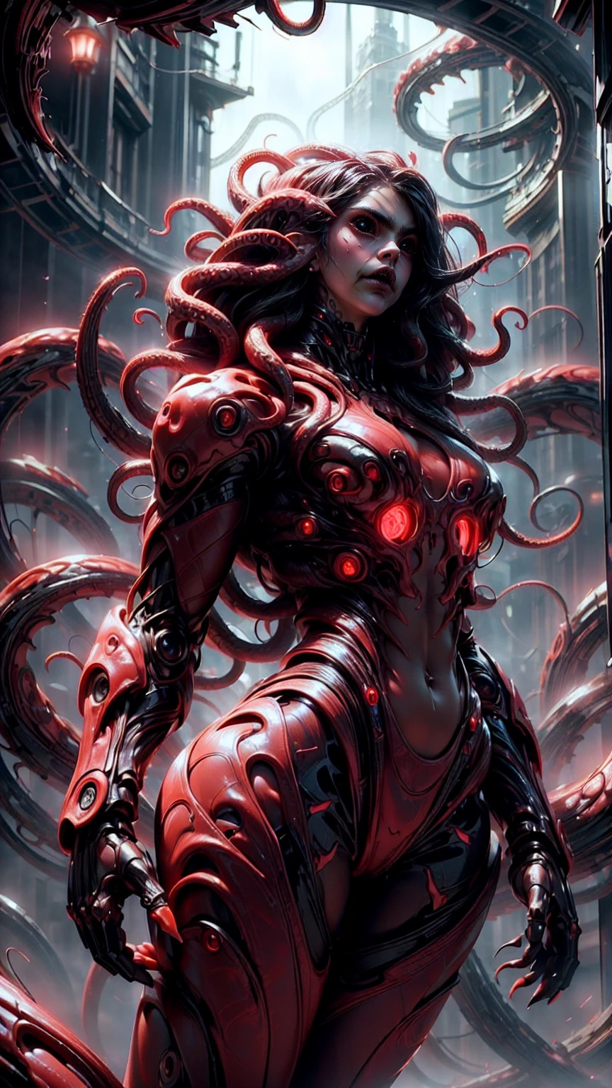 (beautiful girl:1.25), (megan fox:1.25), (young bodybuilder girl wearing cybernetic muscle suit:1.25), (medusa head with tentacles:1.25), carnage muscular physique, seductive face, mouth wide open carnage style, long red hair, perfect muscular body, super skinny legs, sissy, femboy, (carnage style physique)
